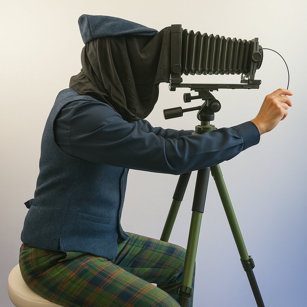 Photographe manipulant une chambre grand format dans le studio de La Chancelle